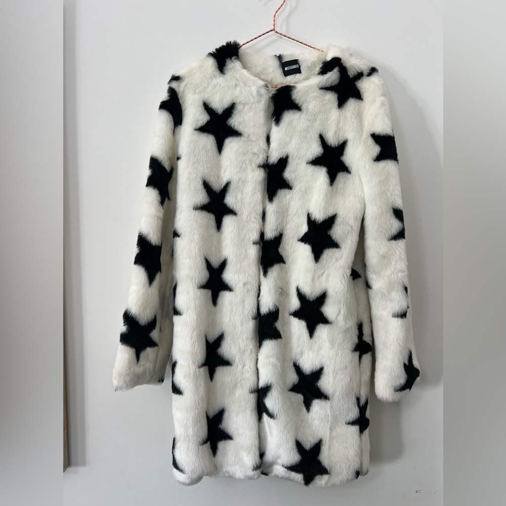 Missguided white and black star fur coat size small